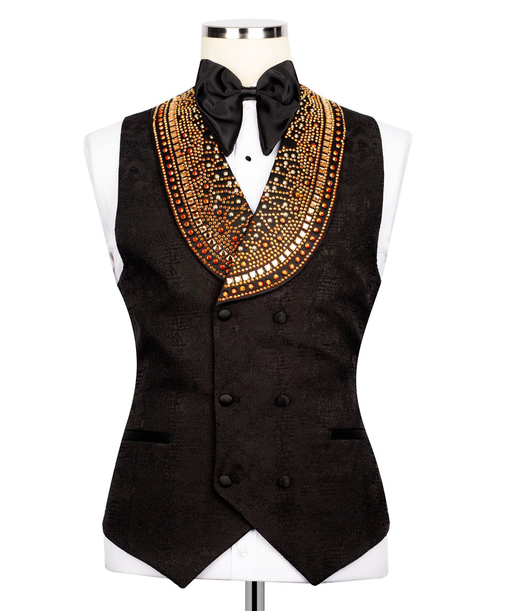 Black tuxedo vest with gold-red stone trim and double-breasted button front