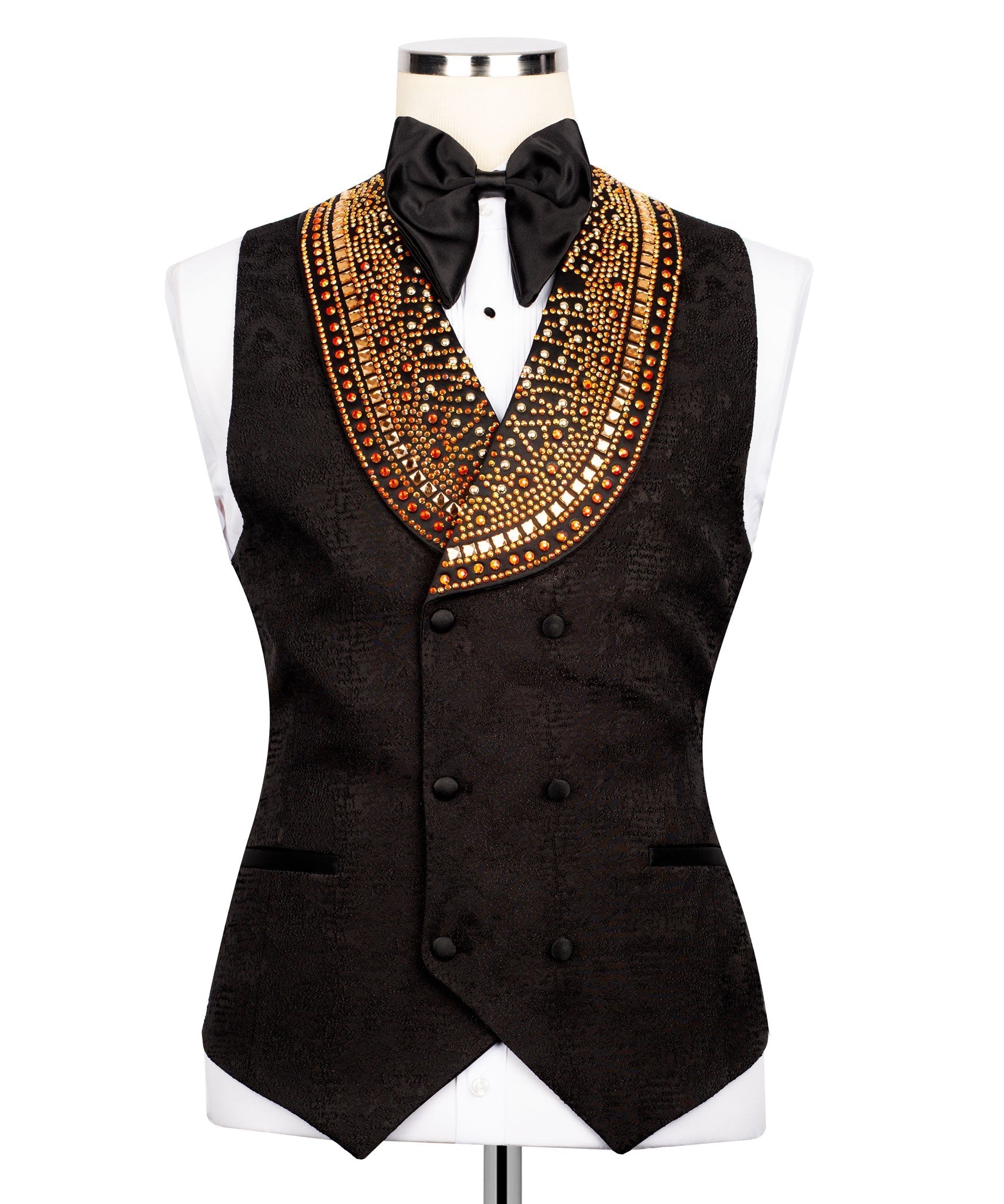 Black tuxedo vest with gold-red stone trim and double-breasted button front