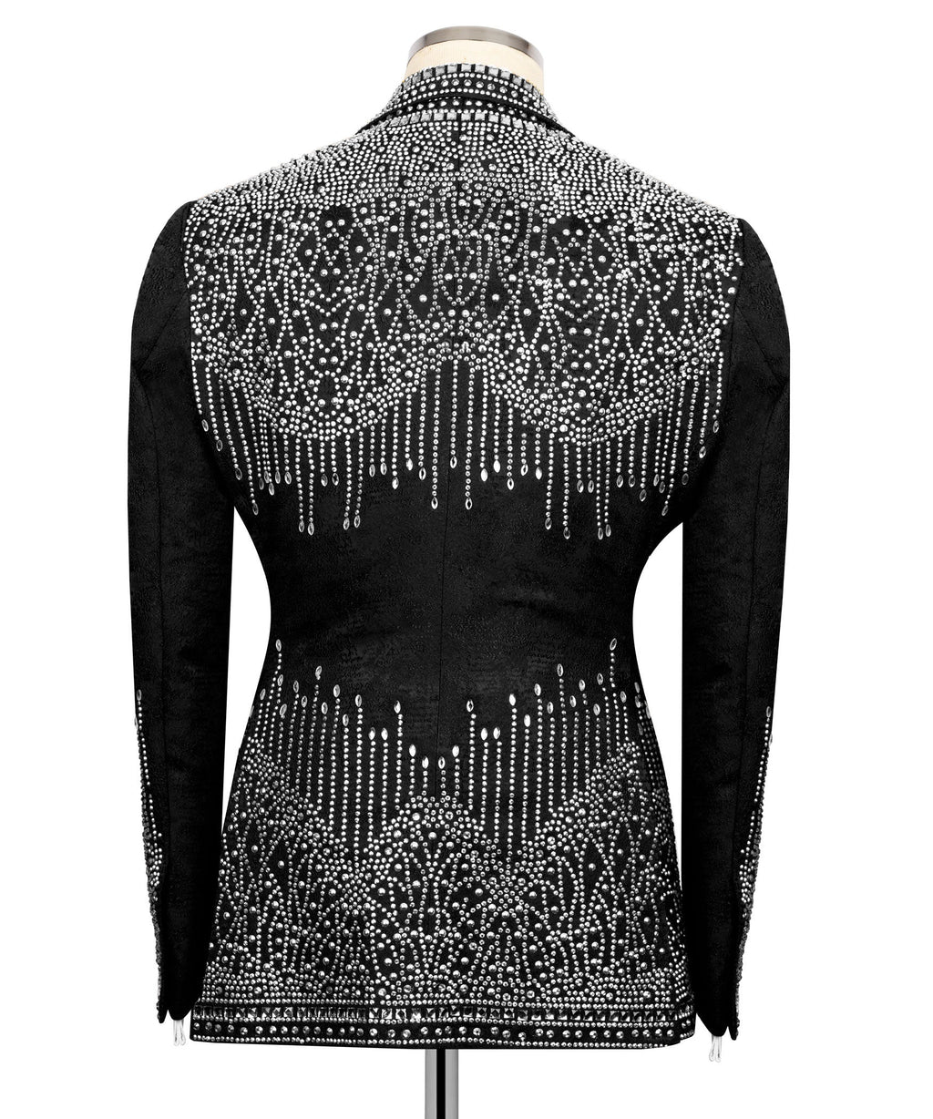 Black tuxedo jacket back view with flowing stone-embroidery pattern and trim