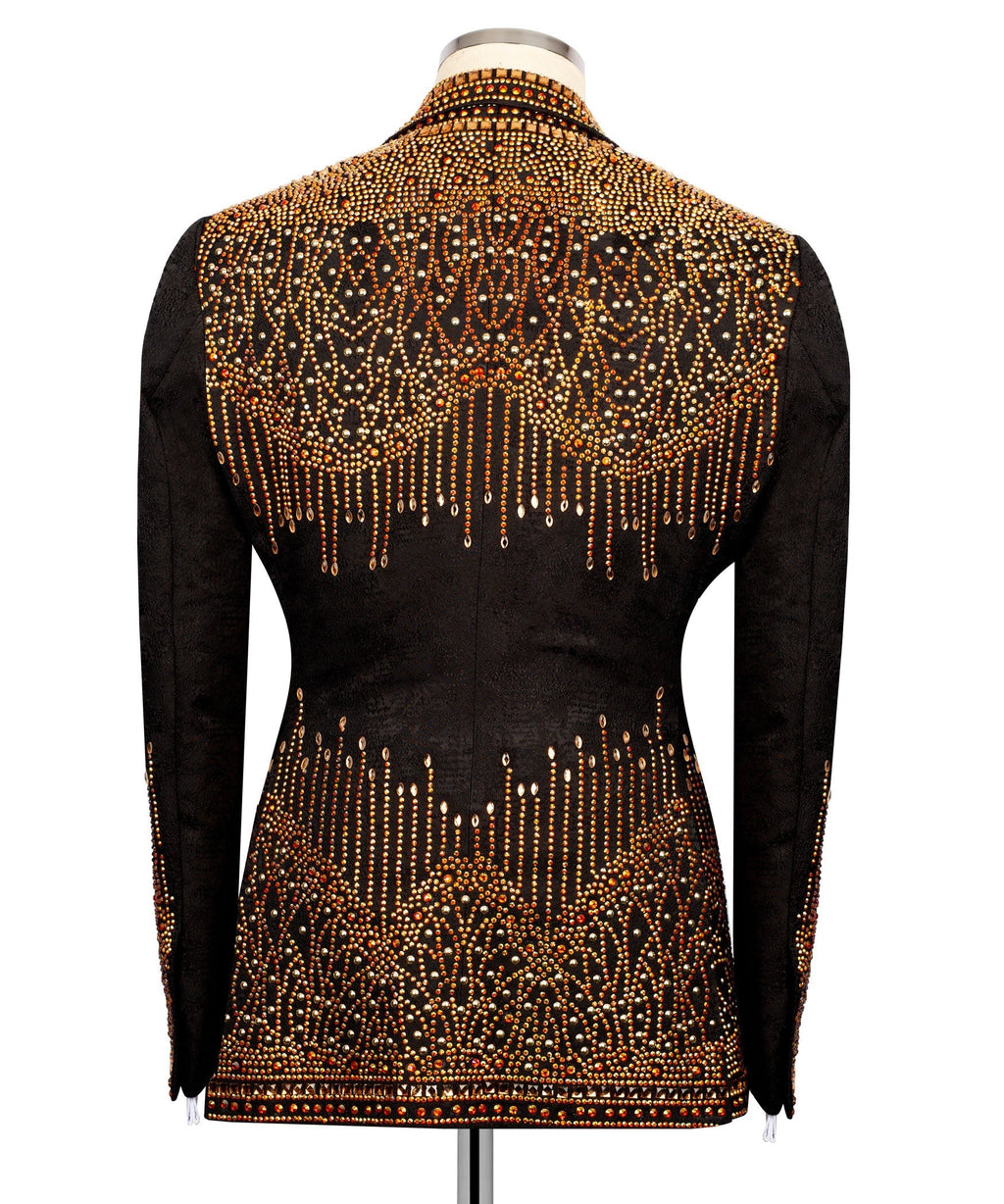 Back view black tuxedo jacket with gold-red stone embroidery from shoulders to hem