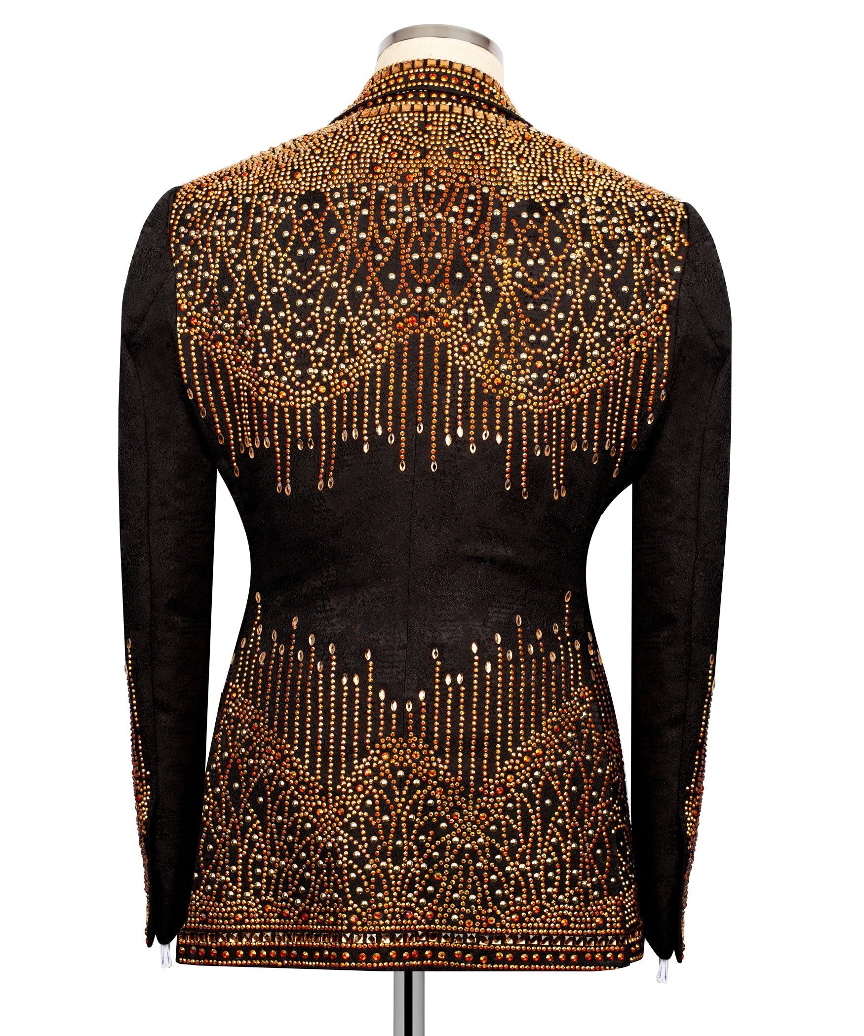 Back view black tuxedo jacket with gold-red stone embroidery from shoulders to hem