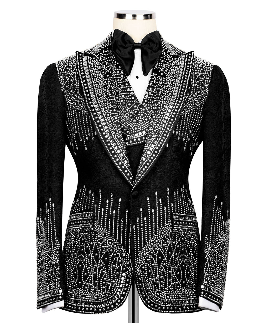 Black tuxedo jacket front view with stone-embossed shawl lapels and satin bow tie