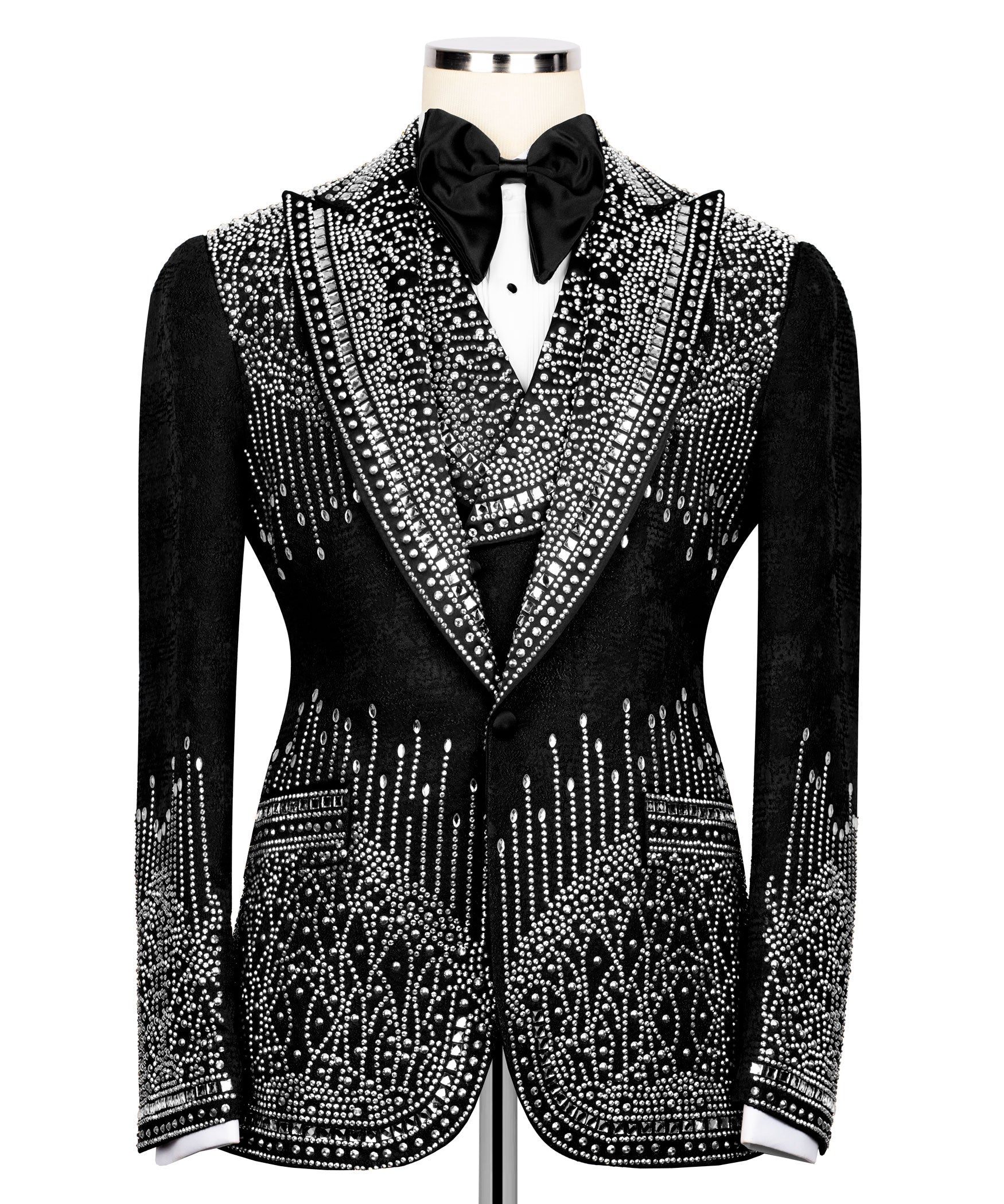 Black tuxedo jacket front view with stone-embossed shawl lapels and satin bow tie