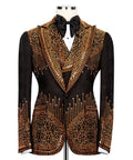 Black tuxedo jacket front view with ornate gold-red stone embroidery and bow tie
