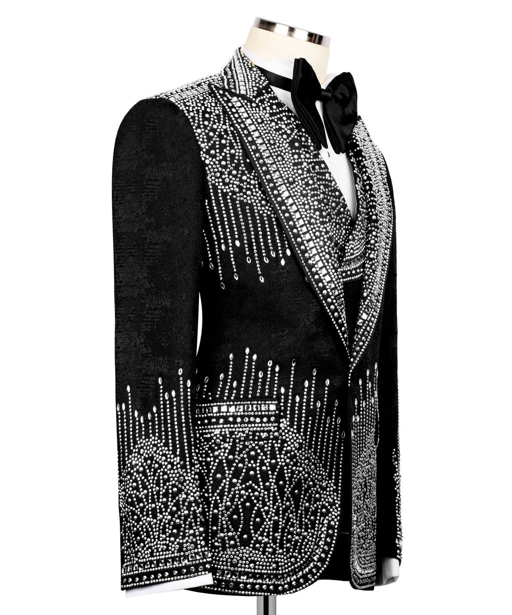 Black tuxedo jacket side view with dense silver stone embroidery and satin lapel trim