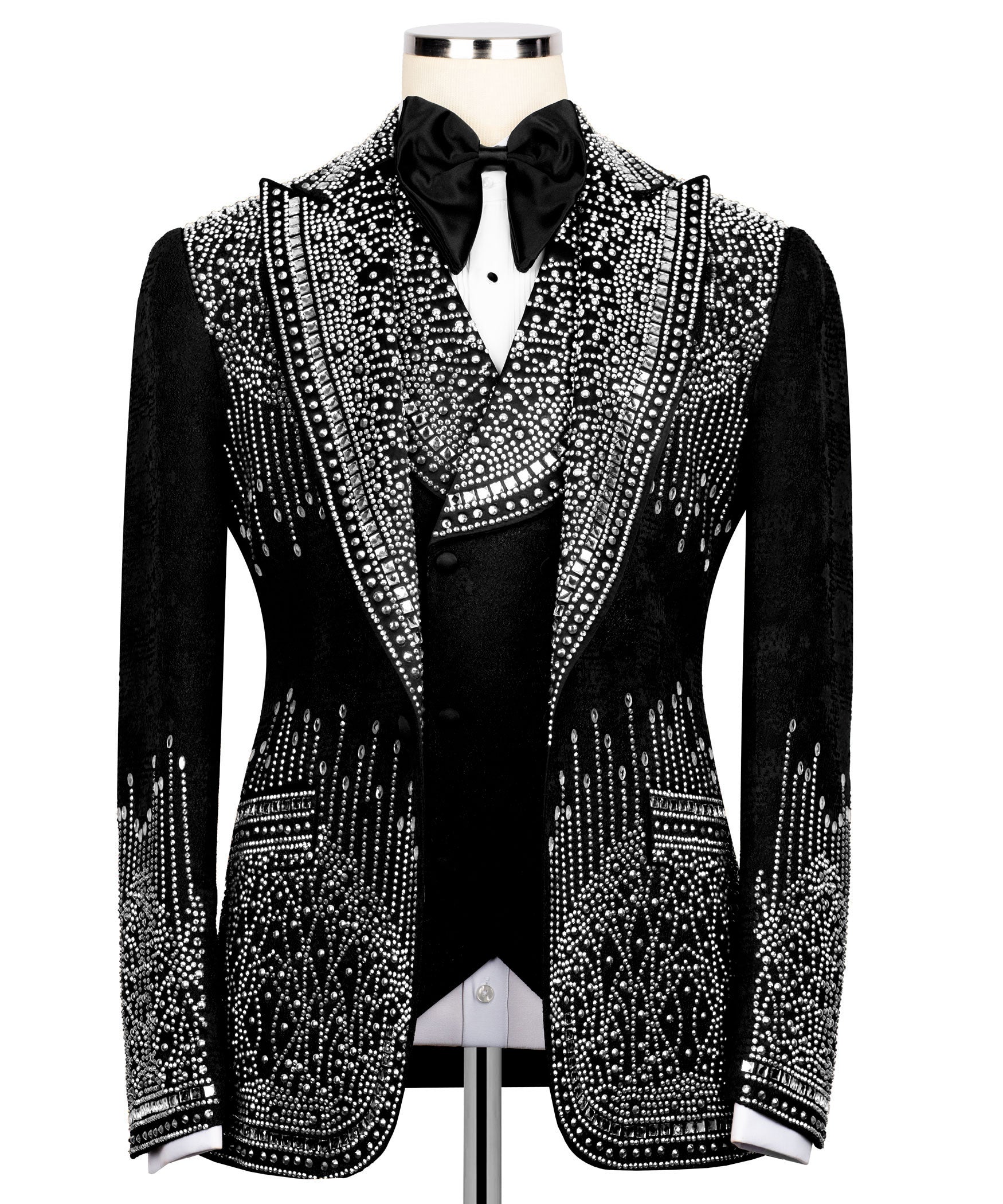 Black tuxedo jacket with stone-embossed trim and satin bow tie, slim fit