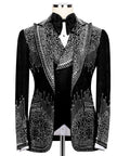 Black tuxedo jacket with rhinestone trim, bow tie, and matching vest set on mannequin