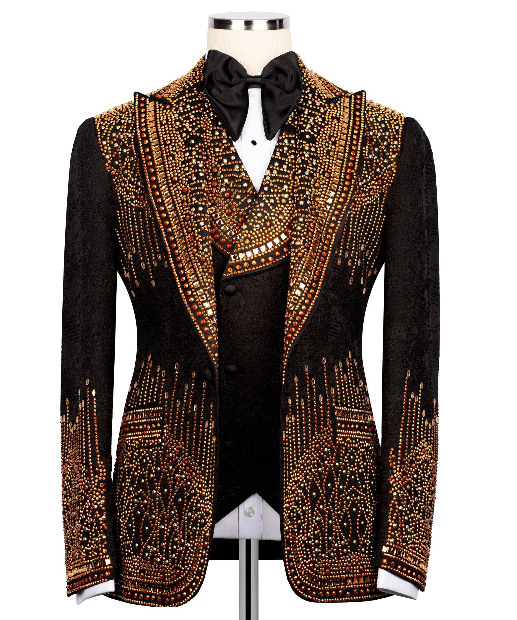 Black tuxedo jacket with gold and red stone embroidery, satin black lapels