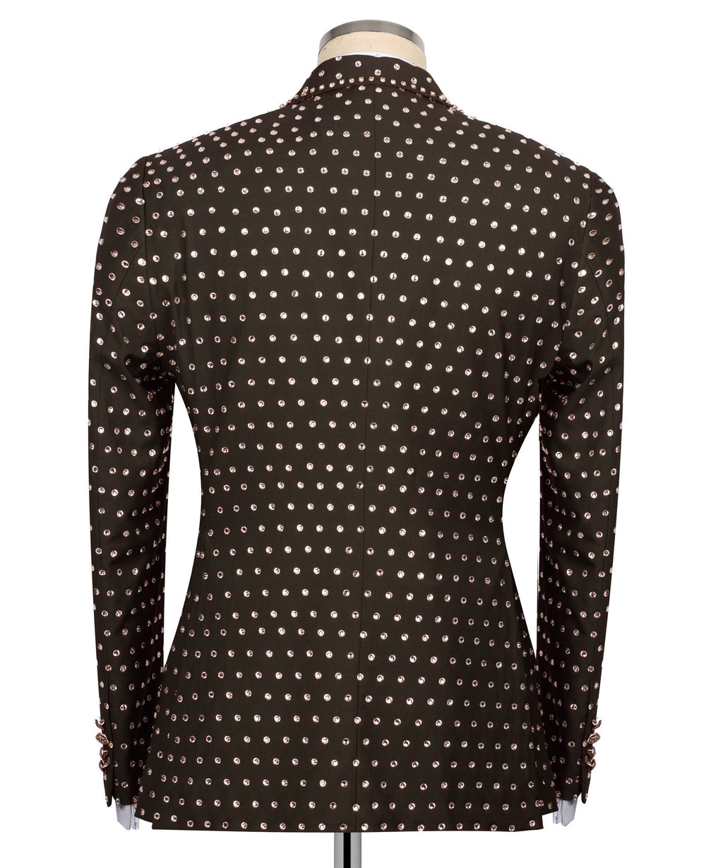 Dark tuxedo jacket back with all-over silver stone dot embroidery