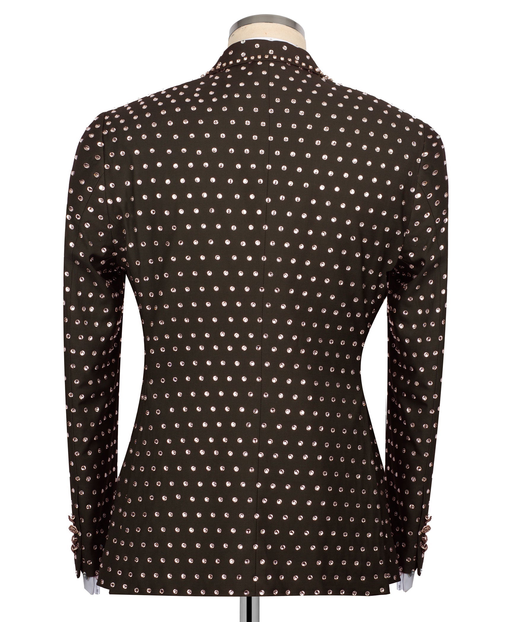 Dark tuxedo jacket back with all-over silver stone dot embroidery