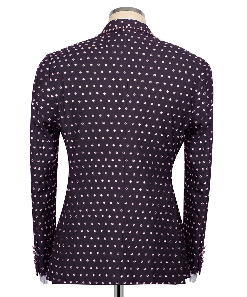 Dark purple tuxedo jacket back with silver stone dot rows and single vent