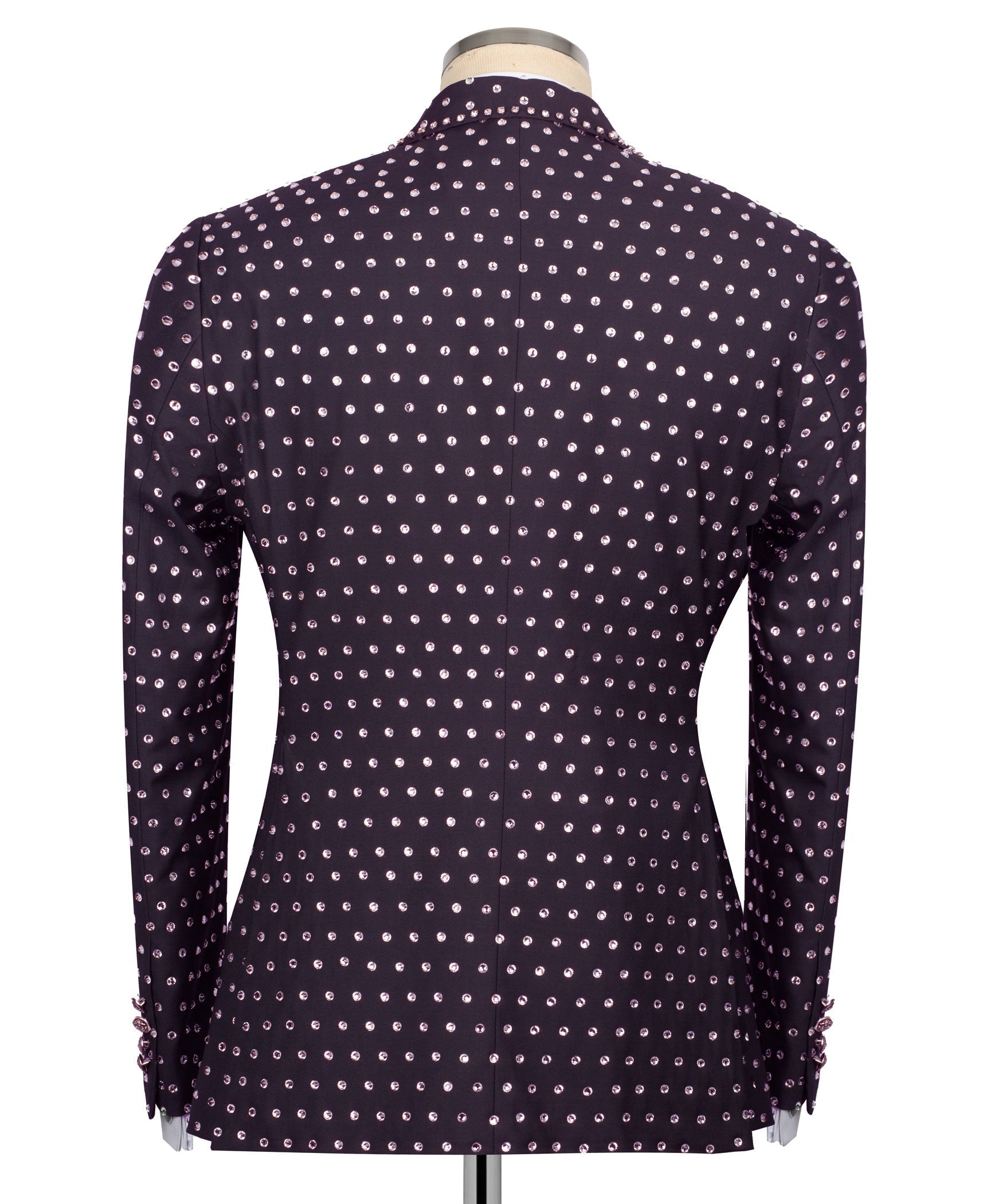 Dark purple tuxedo jacket back with silver stone dot rows and single vent