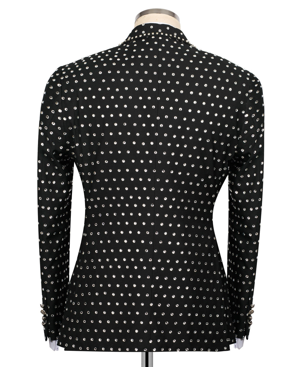 Black tuxedo jacket back with allover silver stone embroidery stripe pattern