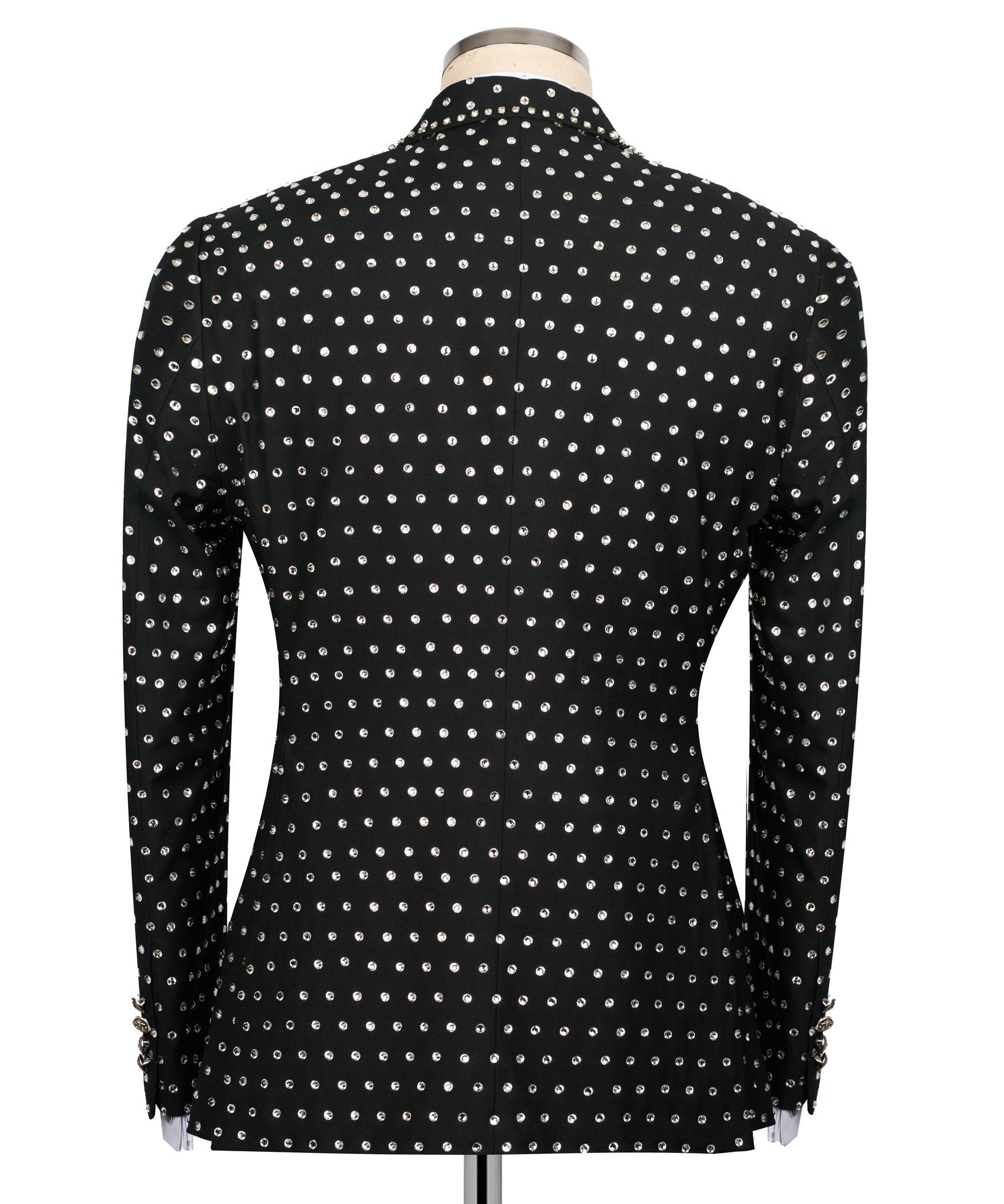 Black tuxedo jacket back with allover silver stone embroidery stripe pattern