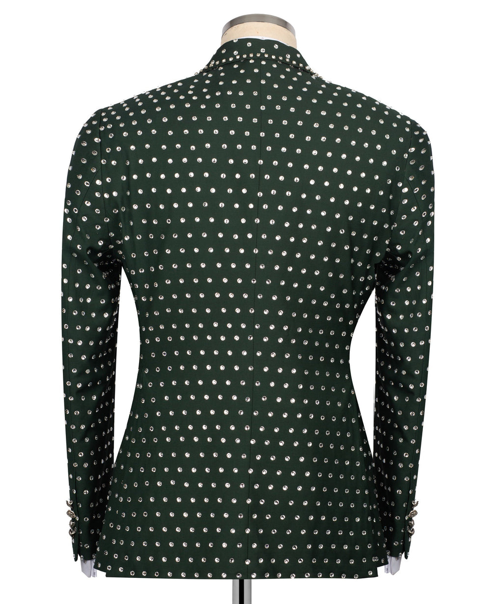 Back view: green rhinestone tuxedo jacket with silver grid pattern