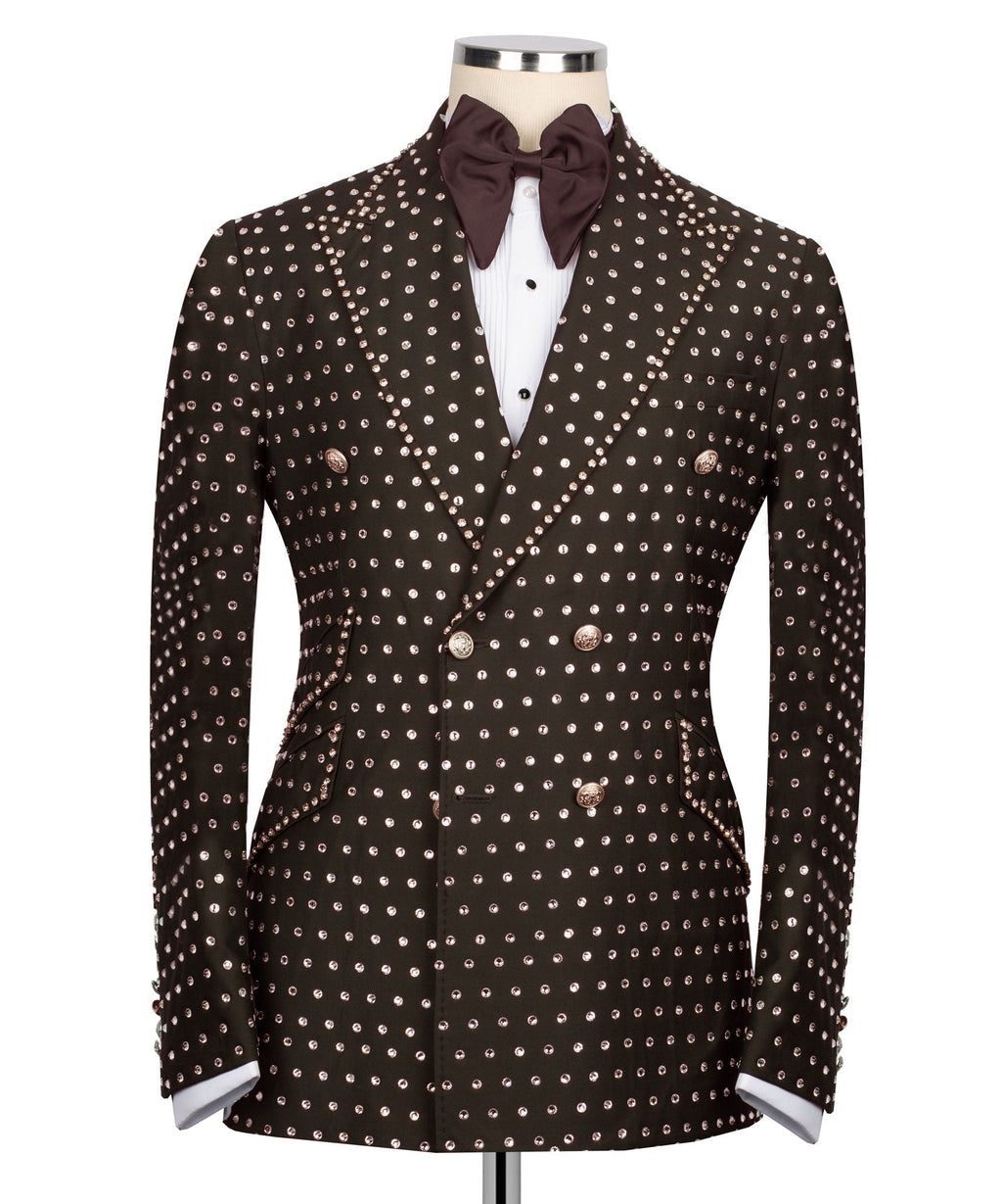 Dark tuxedo jacket with silver stone-like embroidery dots and satin bow at neck
