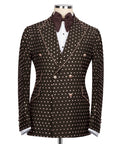 Dark tuxedo jacket with silver stone-like embroidery dots and satin bow at neck