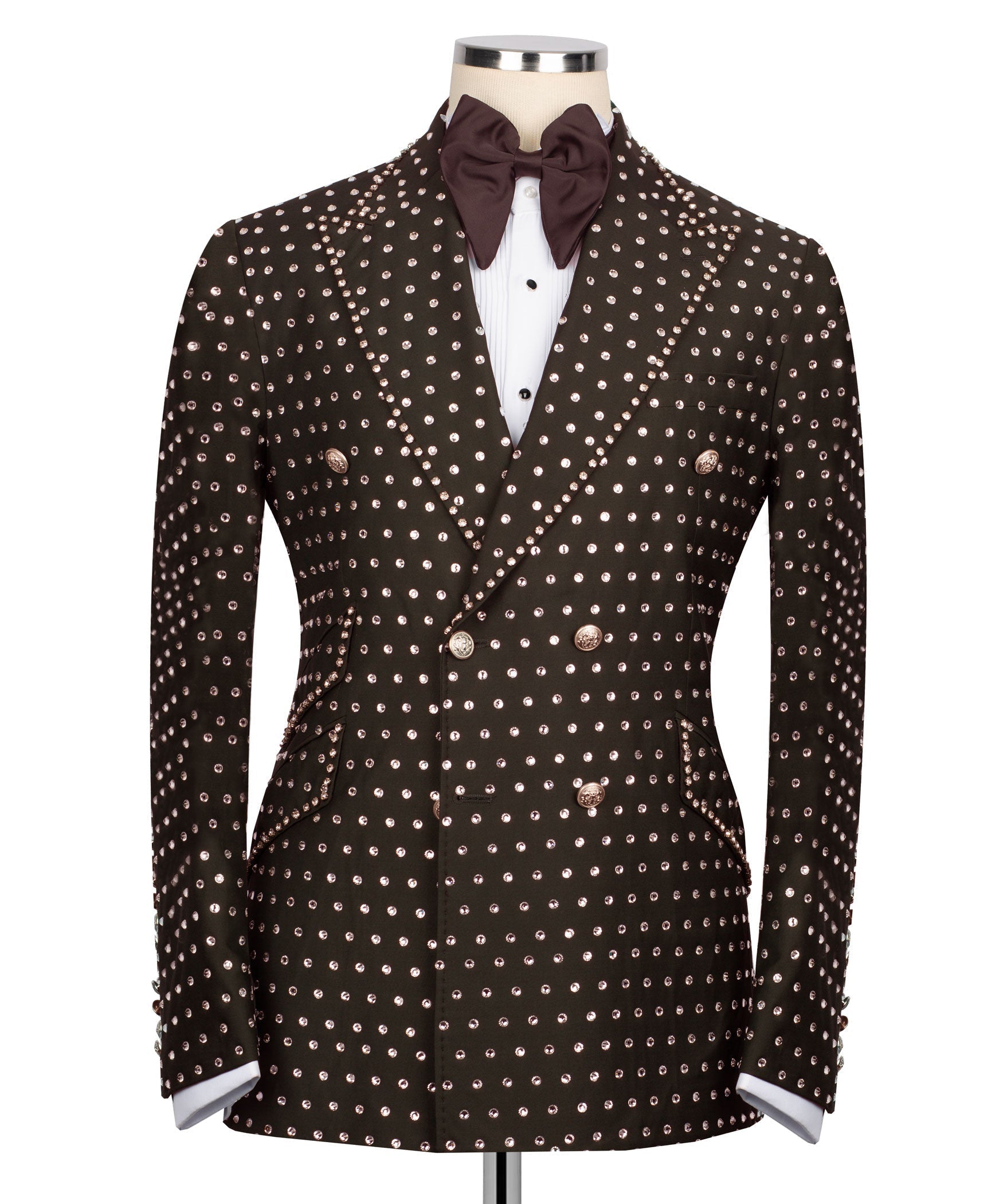 Dark tuxedo jacket with silver stone-like embroidery dots and satin bow at neck
