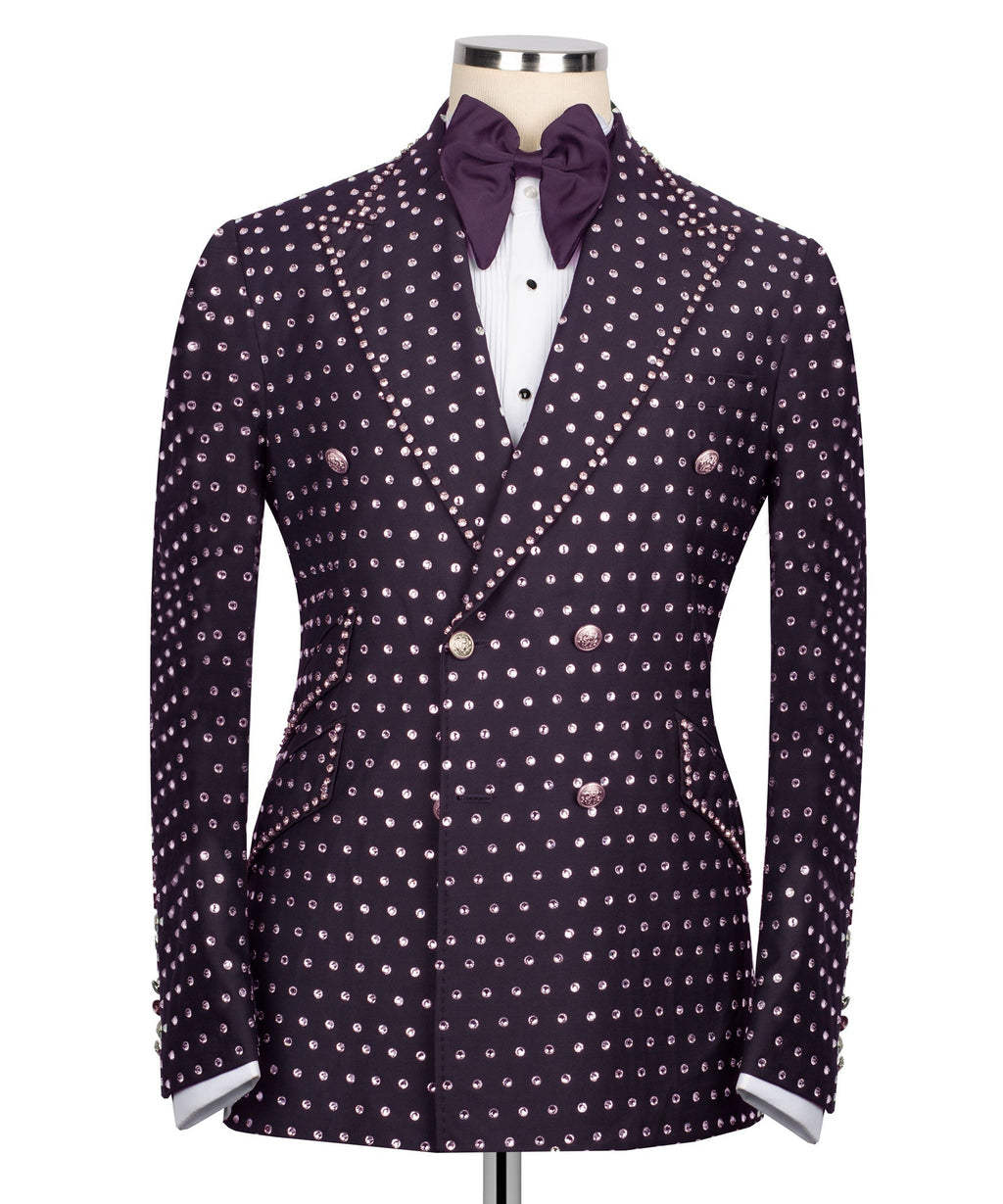 Dark purple tuxedo jacket with silver stone dot pattern and satin bow tie