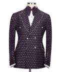 Dark purple tuxedo jacket with silver stone dot pattern and satin bow tie