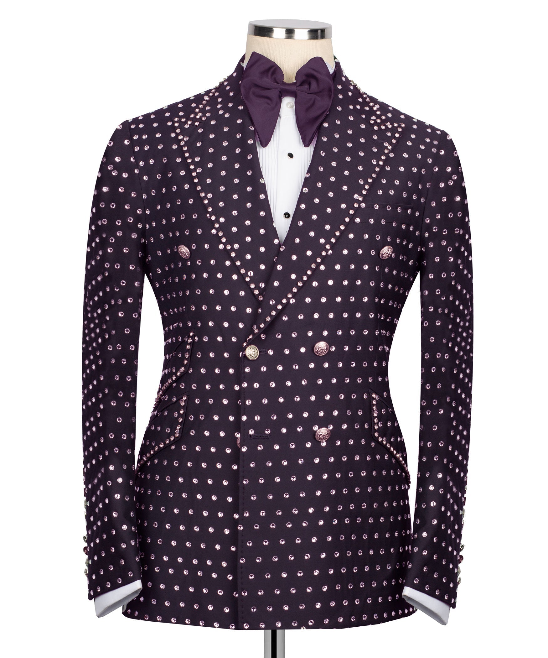 Dark purple tuxedo jacket with silver stone dot pattern and satin bow tie