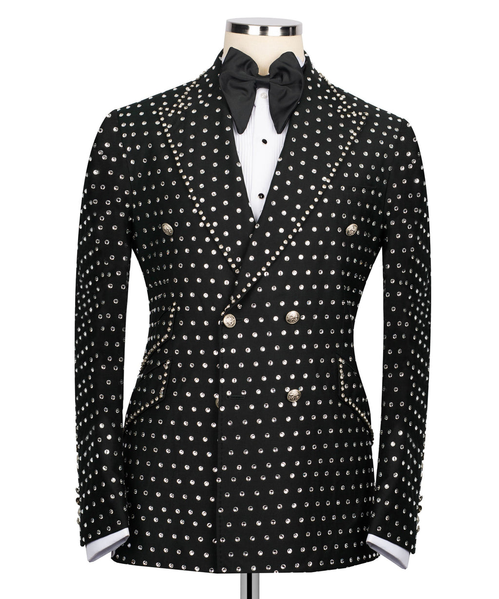 Black tuxedo jacket with silver stone embroidery and bow-tie, notch lapels