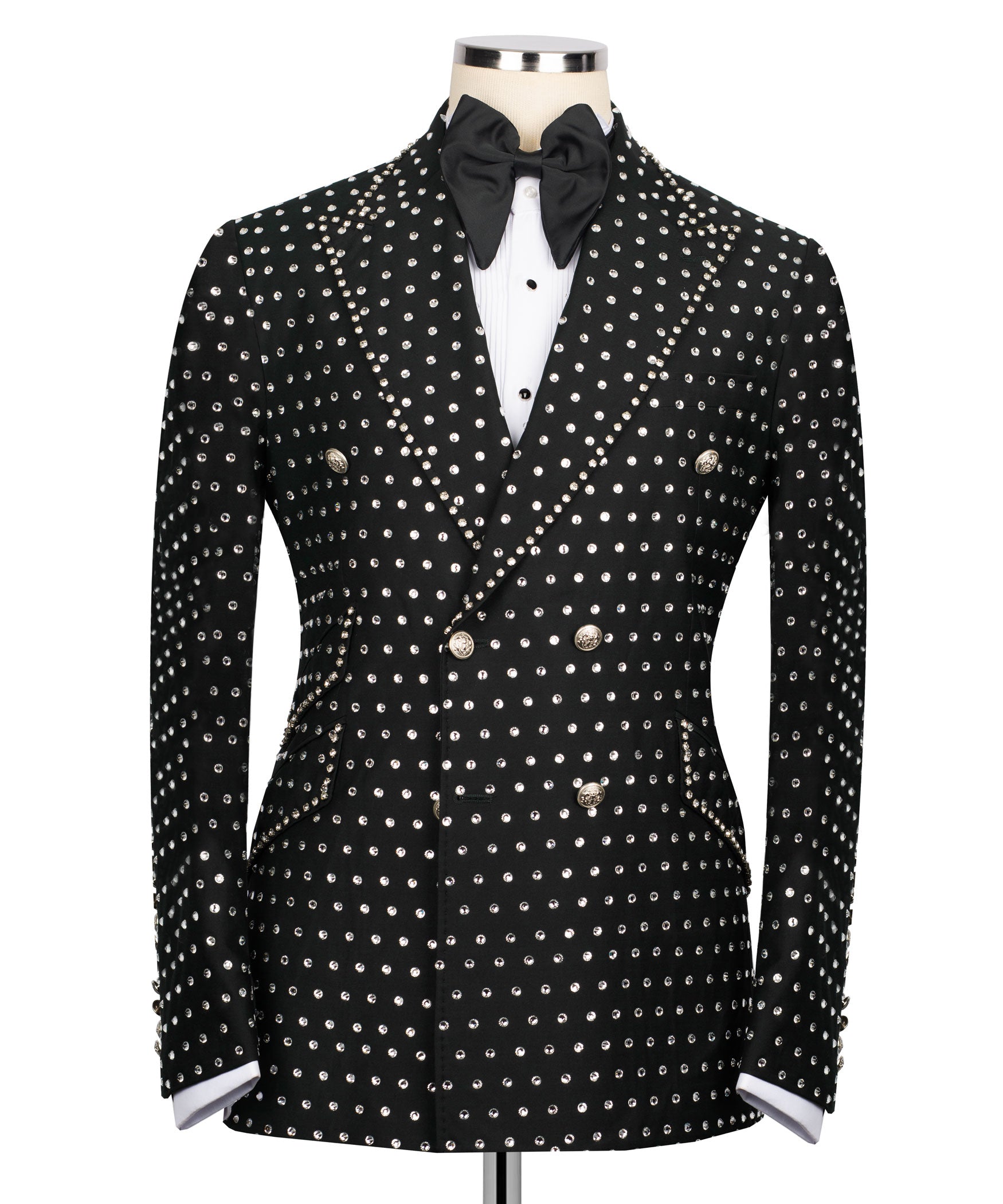 Black tuxedo jacket with silver stone embroidery and bow-tie, notch lapels