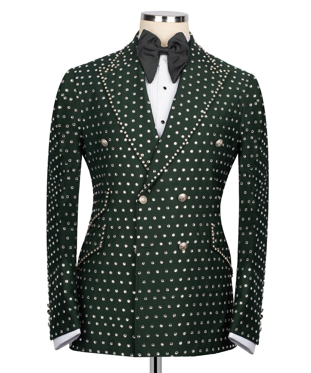 Green tuxedo jacket with silver rhinestone grid embroidery and black bow tie