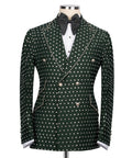 Green tuxedo jacket with silver rhinestone grid embroidery and black bow tie