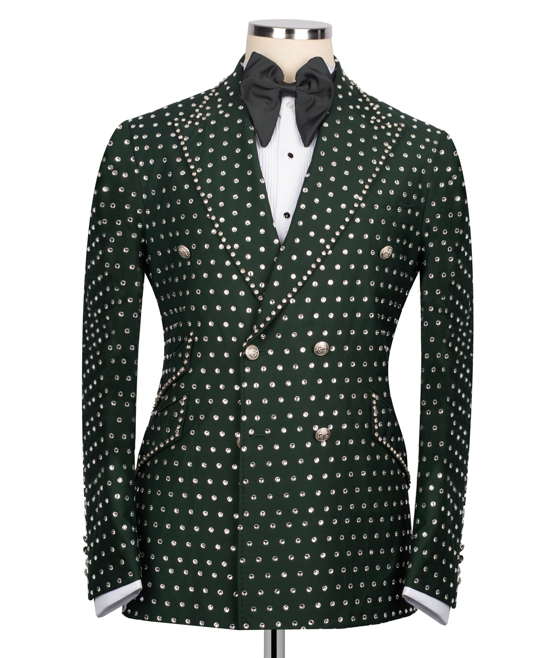 Green tuxedo jacket with silver rhinestone grid embroidery and black bow tie