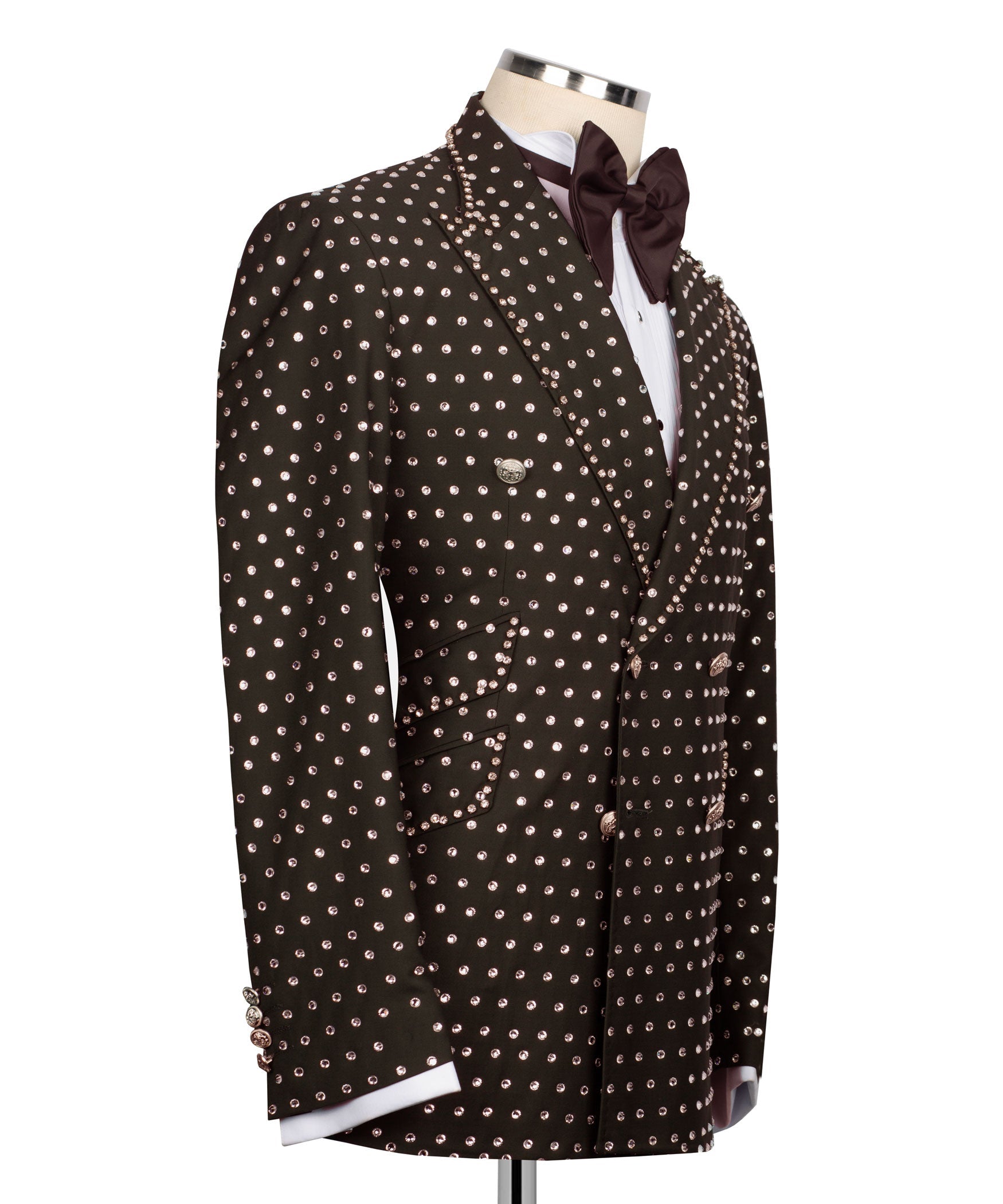 Dark tuxedo jacket front with rhinestone dotted pattern, notch lapel, button detail