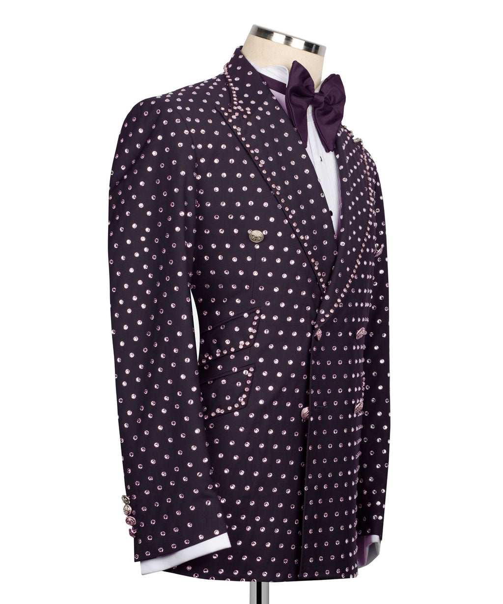 Dark purple tuxedo jacket side view with silver stone dot pattern and pocket