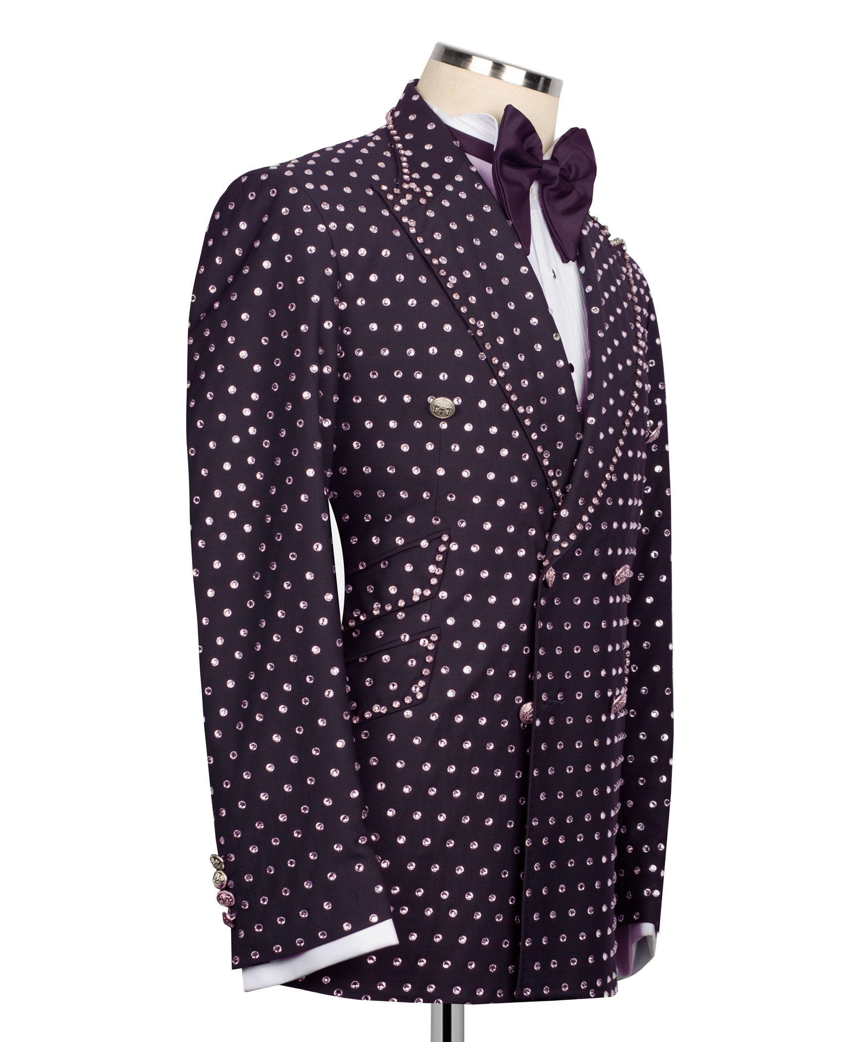 Dark purple tuxedo jacket side view with silver stone dot pattern and pocket