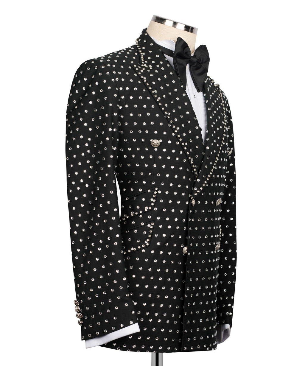 Black tuxedo jacket side view with silver stone embroidery, satin bow-tie, pocket