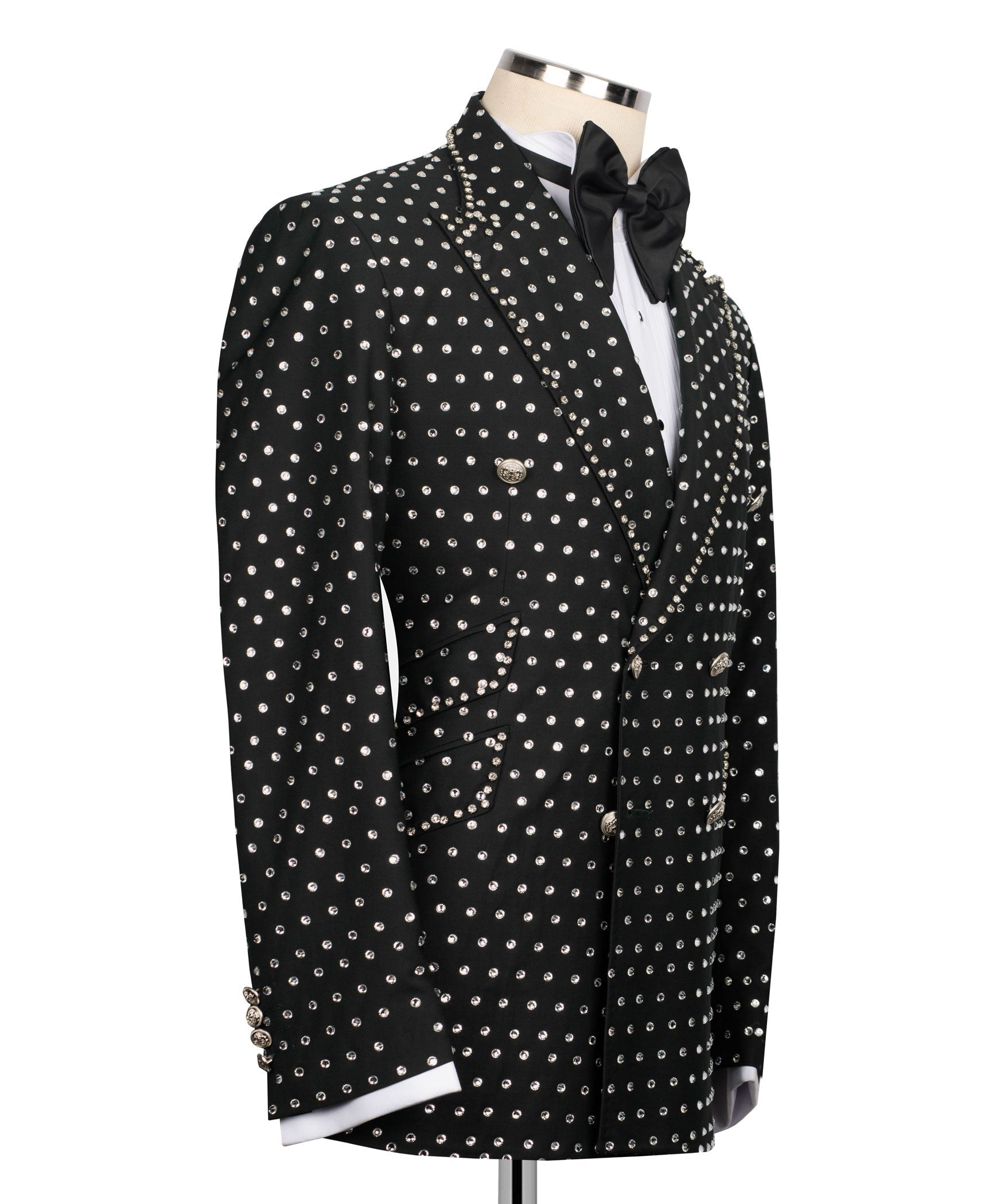 Black tuxedo jacket side view with silver stone embroidery, satin bow-tie, pocket