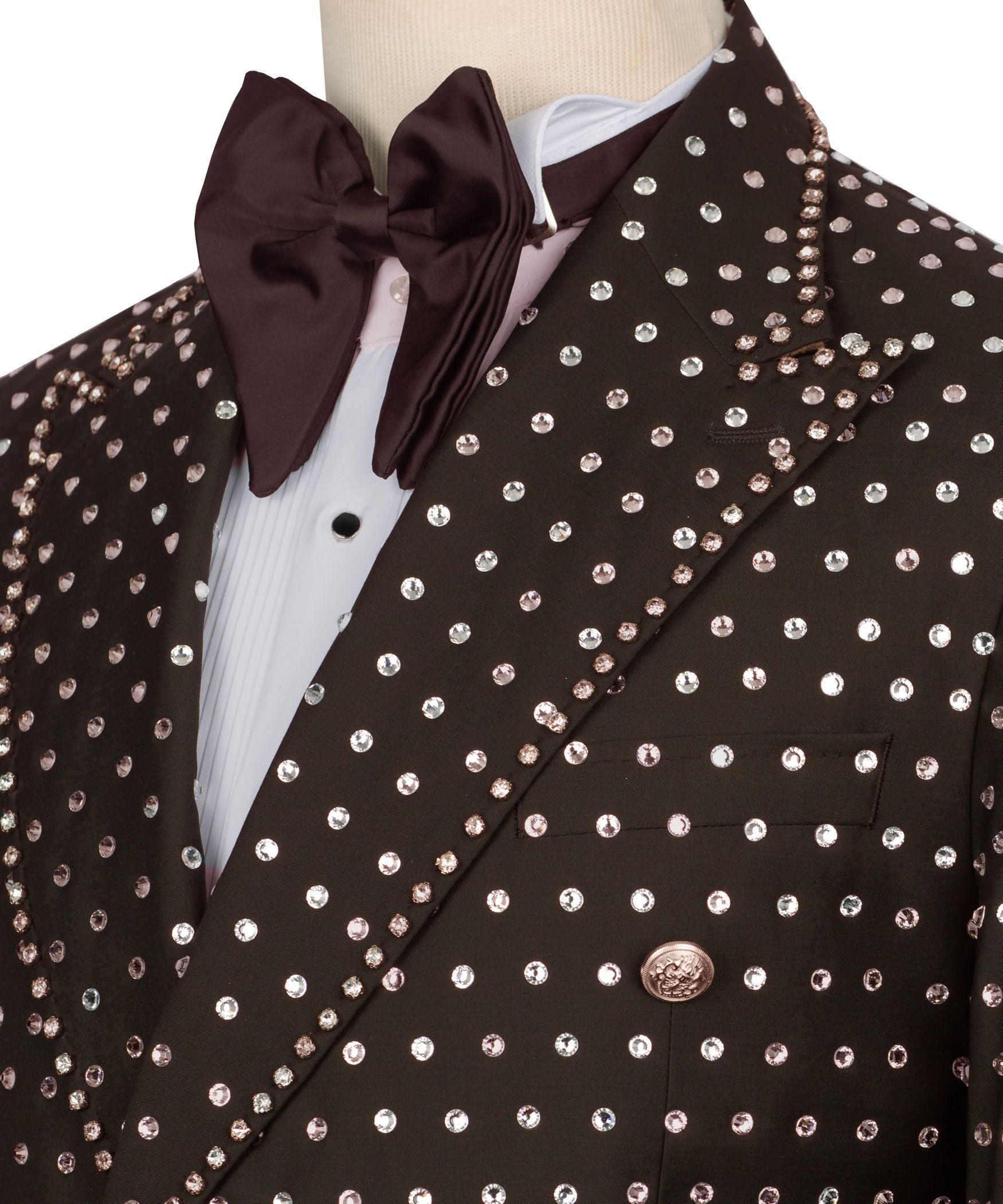 Tuxedo bow and lapel with dense silver rhinestone embroidery; white shirt collar visible
