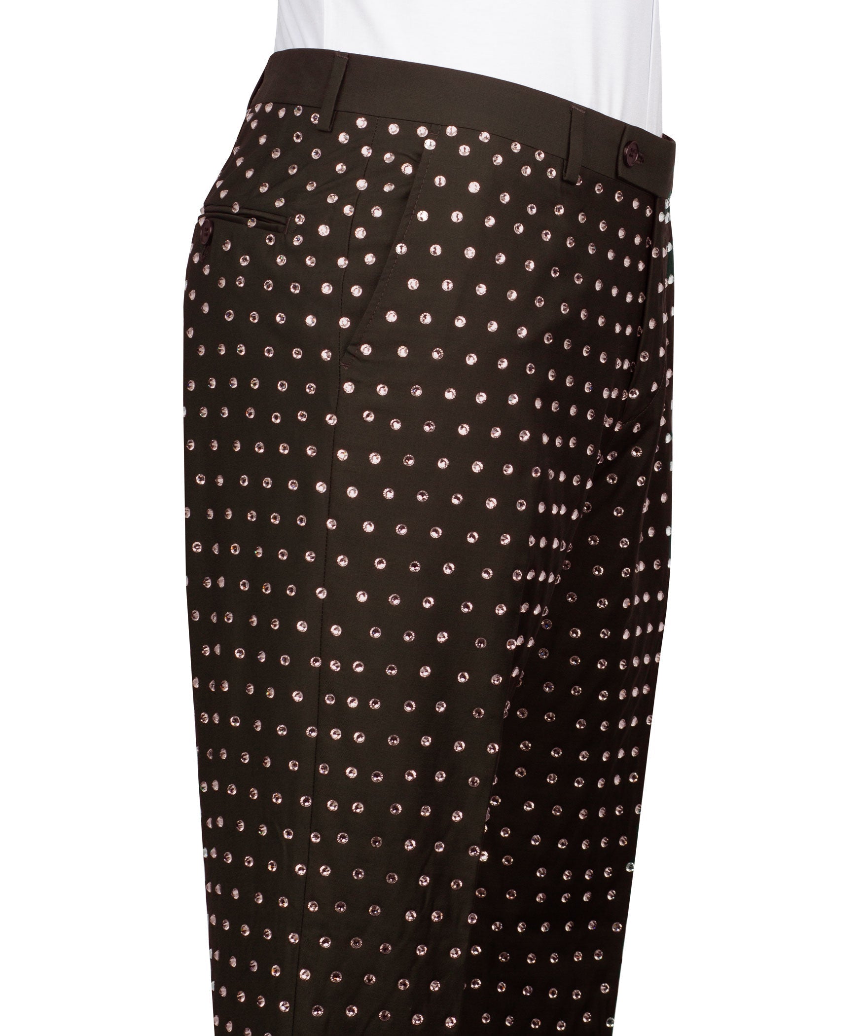 Dark formal tuxedo trousers with silver dotted stone embroidery pattern
