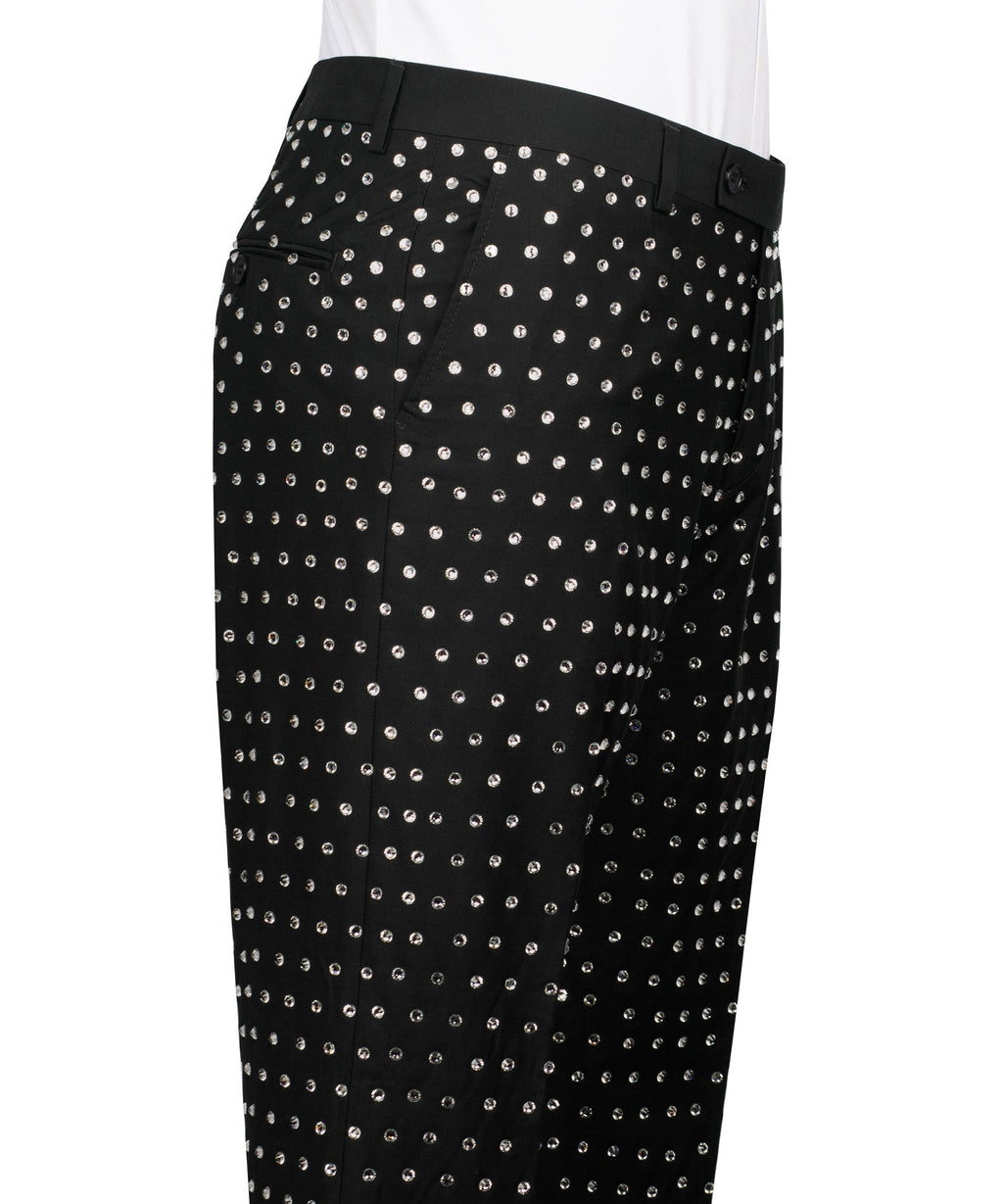 Black tuxedo trousers with allover silver stone embroidery stripe pattern