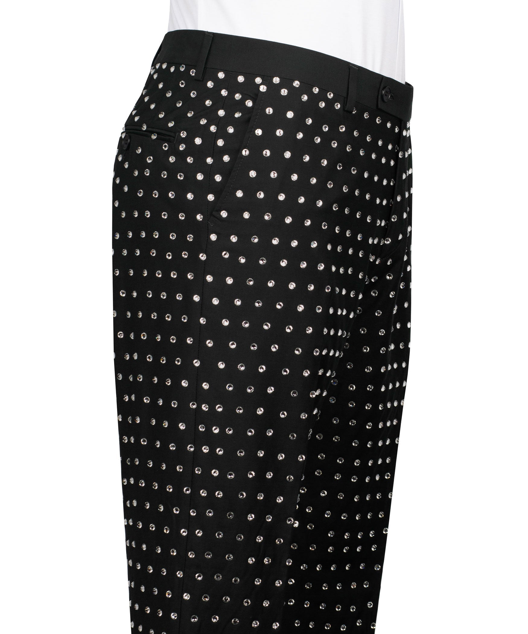 Black tuxedo trousers with allover silver stone embroidery stripe pattern