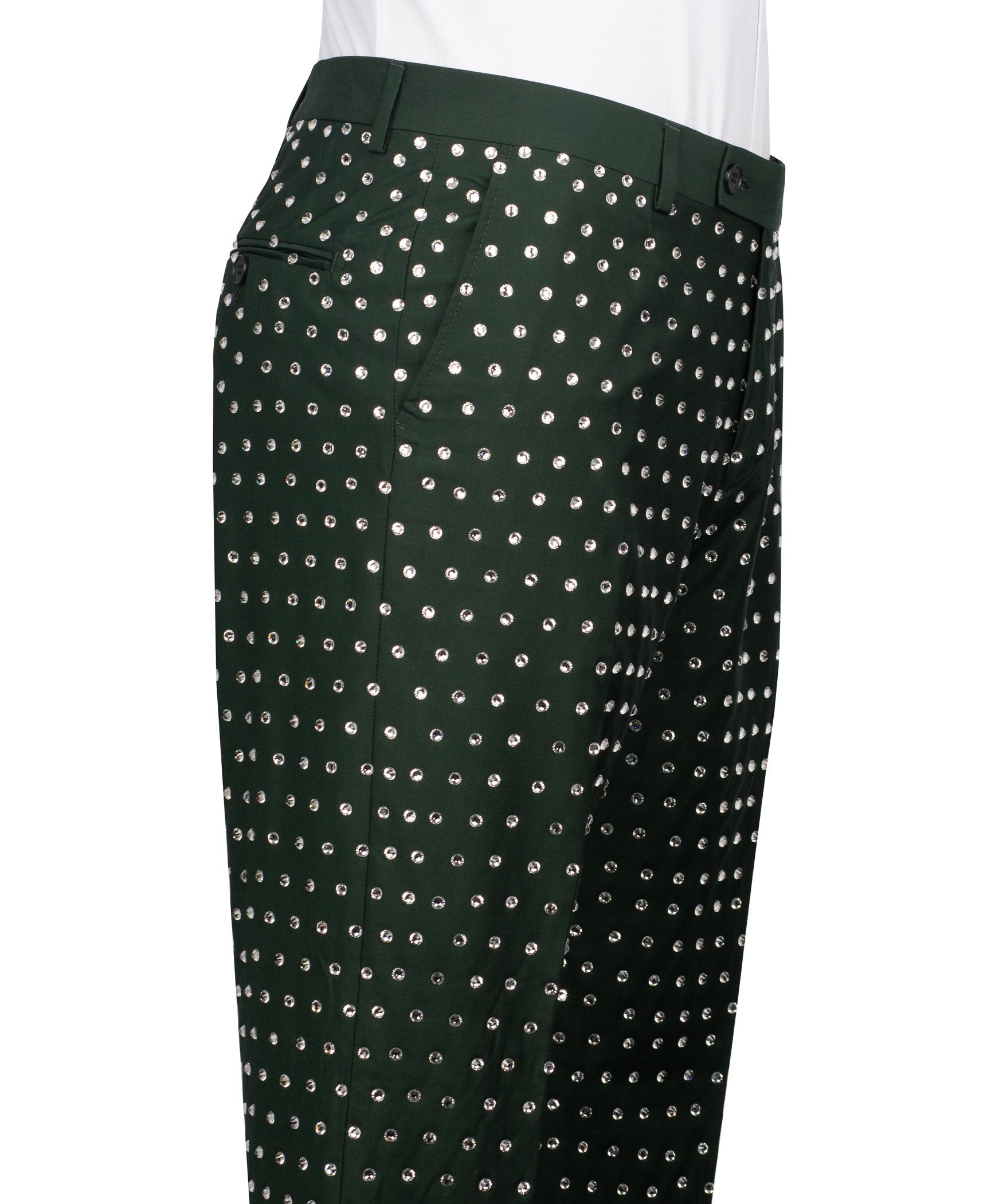 Green rhinestone dress pants with silver dotted stripe pattern