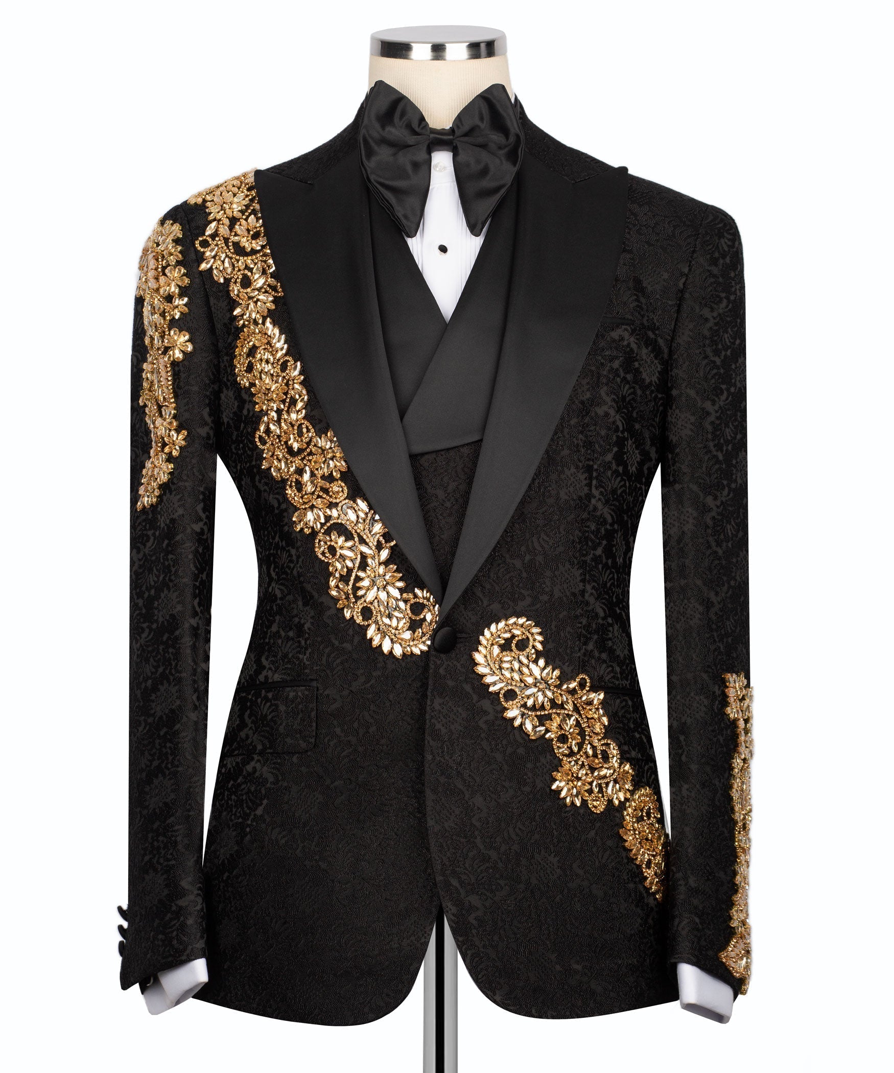 Black tuxedo suit jacket with gold embroidered side stripe and satin bow tie