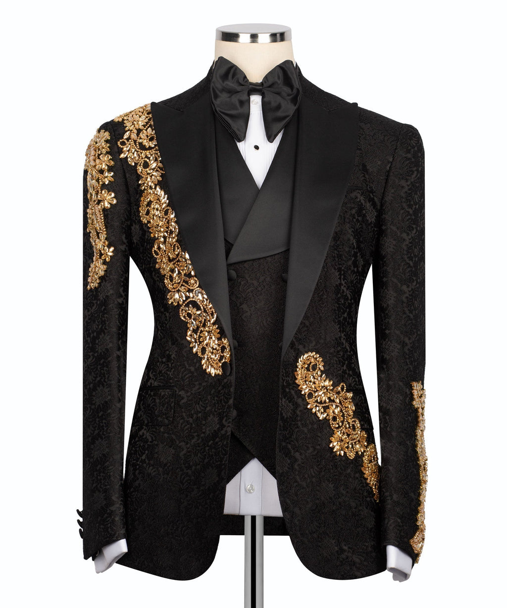 Black tuxedo suit jacket with gold ornate embroidered trim and satin bow tie