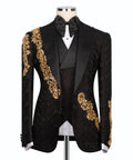 Black tuxedo suit jacket with gold ornate embroidered trim and satin bow tie