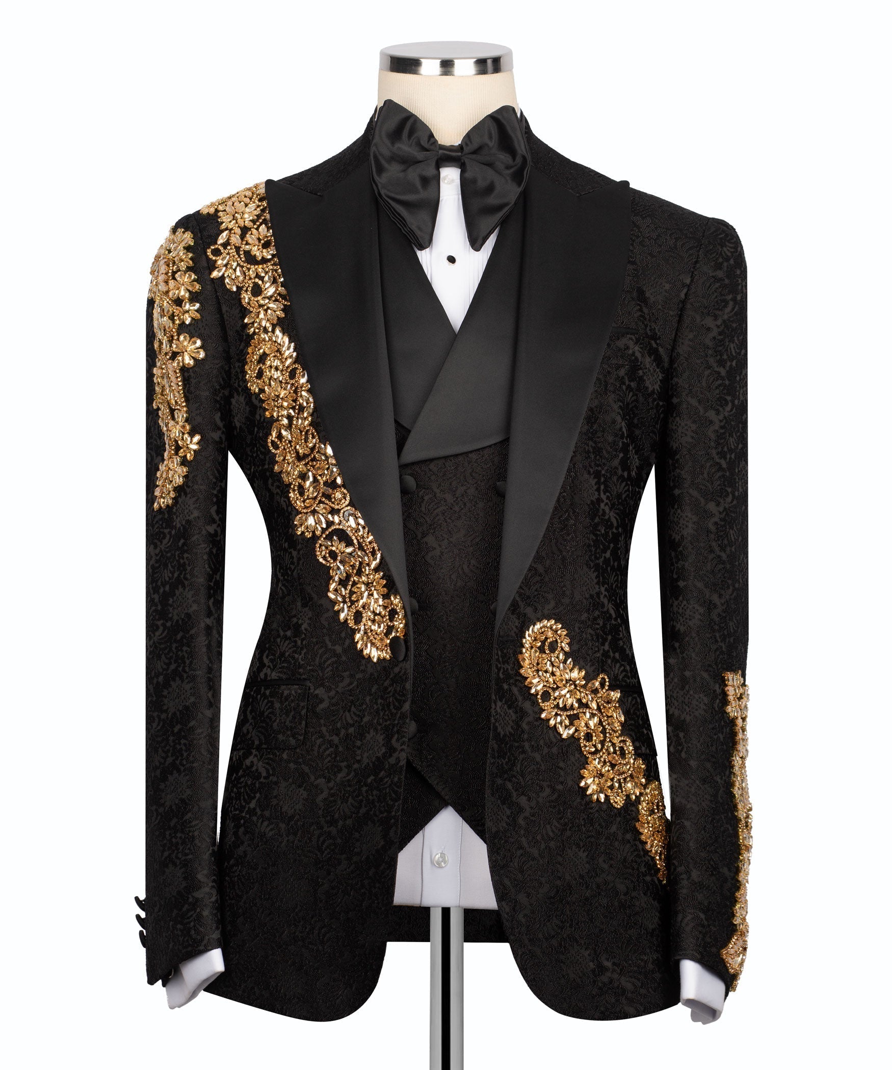Black tuxedo suit jacket with gold ornate embroidered trim and satin bow tie