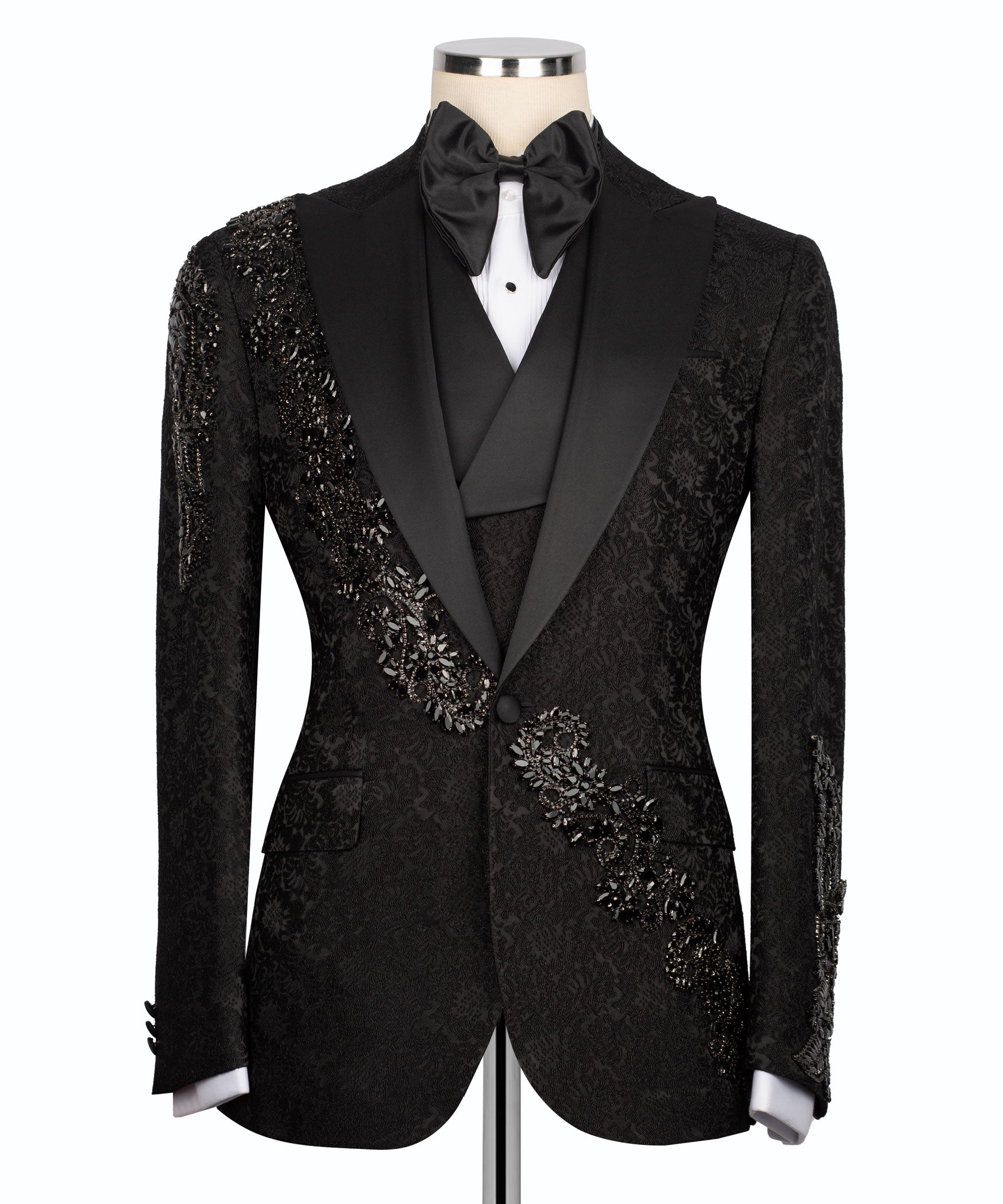 Black tuxedo jacket front view with stone-embroidered trim and satin bow tie
