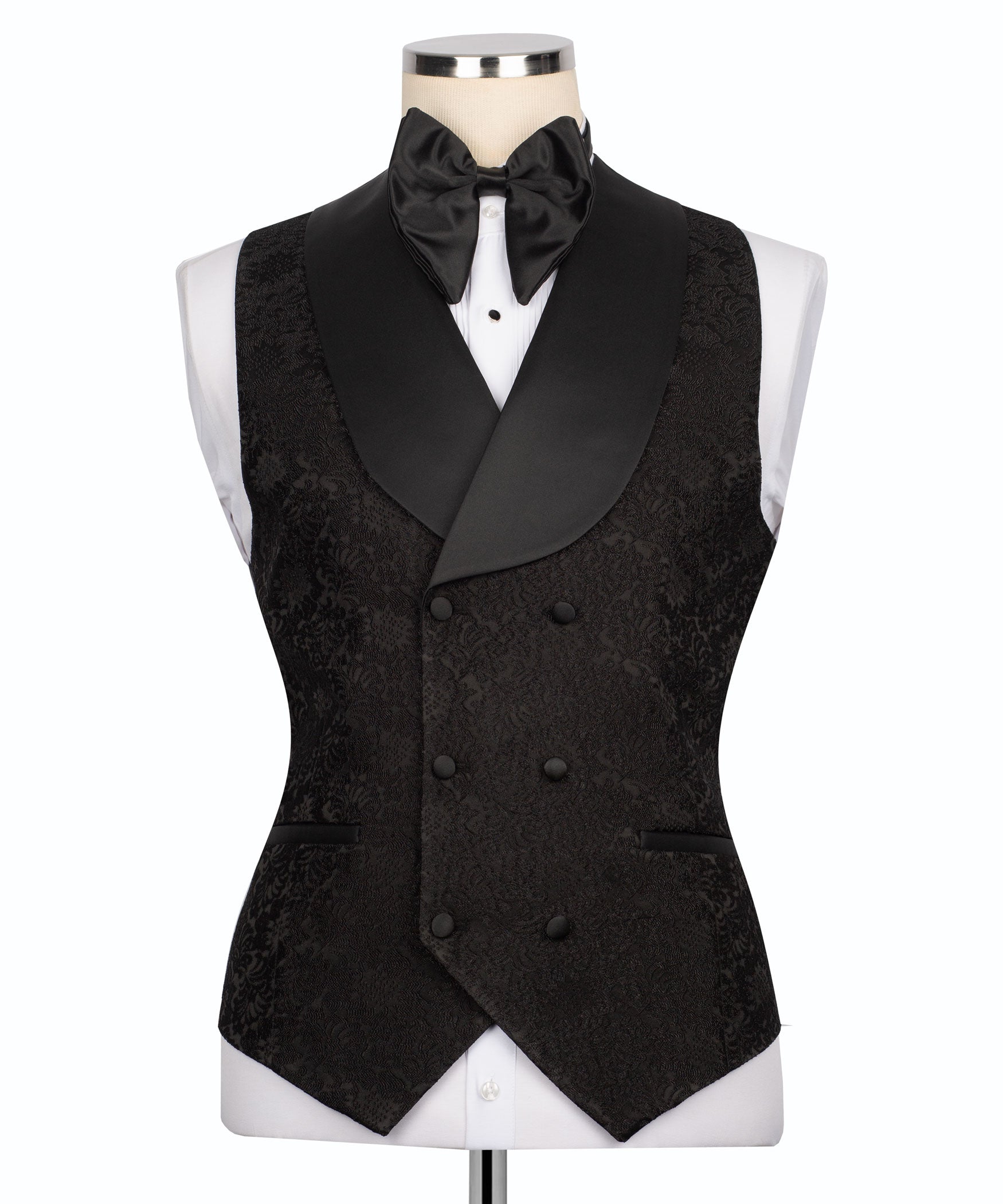 Black tuxedo vest set with satin bow tie, double-breasted buttons, subtle pattern