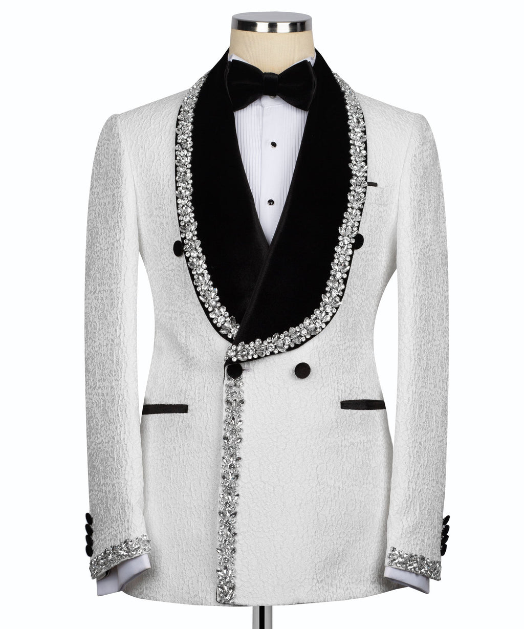 Jewelry-stone embroidered tuxedo jacket with black lapels, bow tie and silver trim