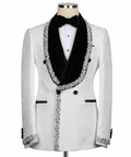 Jewelry-stone embroidered tuxedo jacket with black lapels, bow tie and silver trim