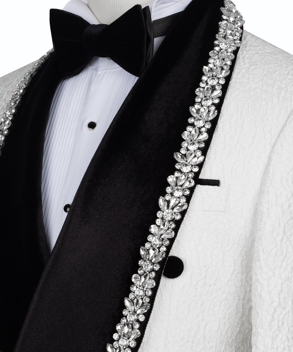 Close-up: rhinestone stone-embroidered tuxedo lapel border on black vest