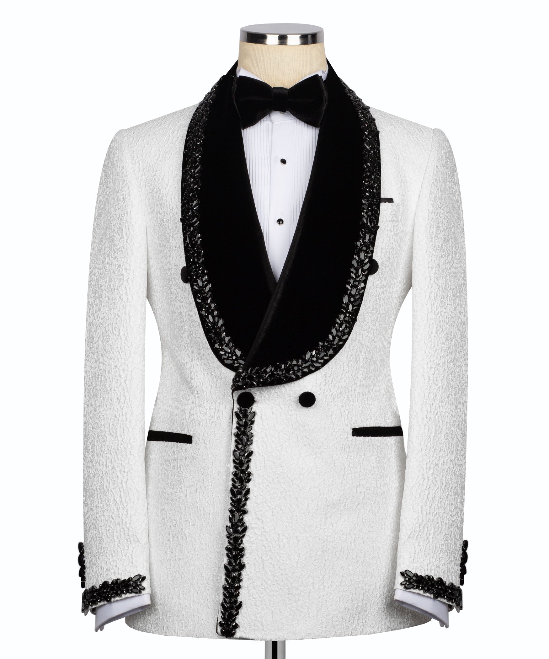 White tuxedo jacket with black satin shawl collar and beaded embroidered trim